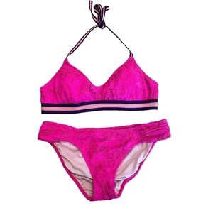 Victoria’s secret hot pink purple lace striped band bikini swimsuit Sz S